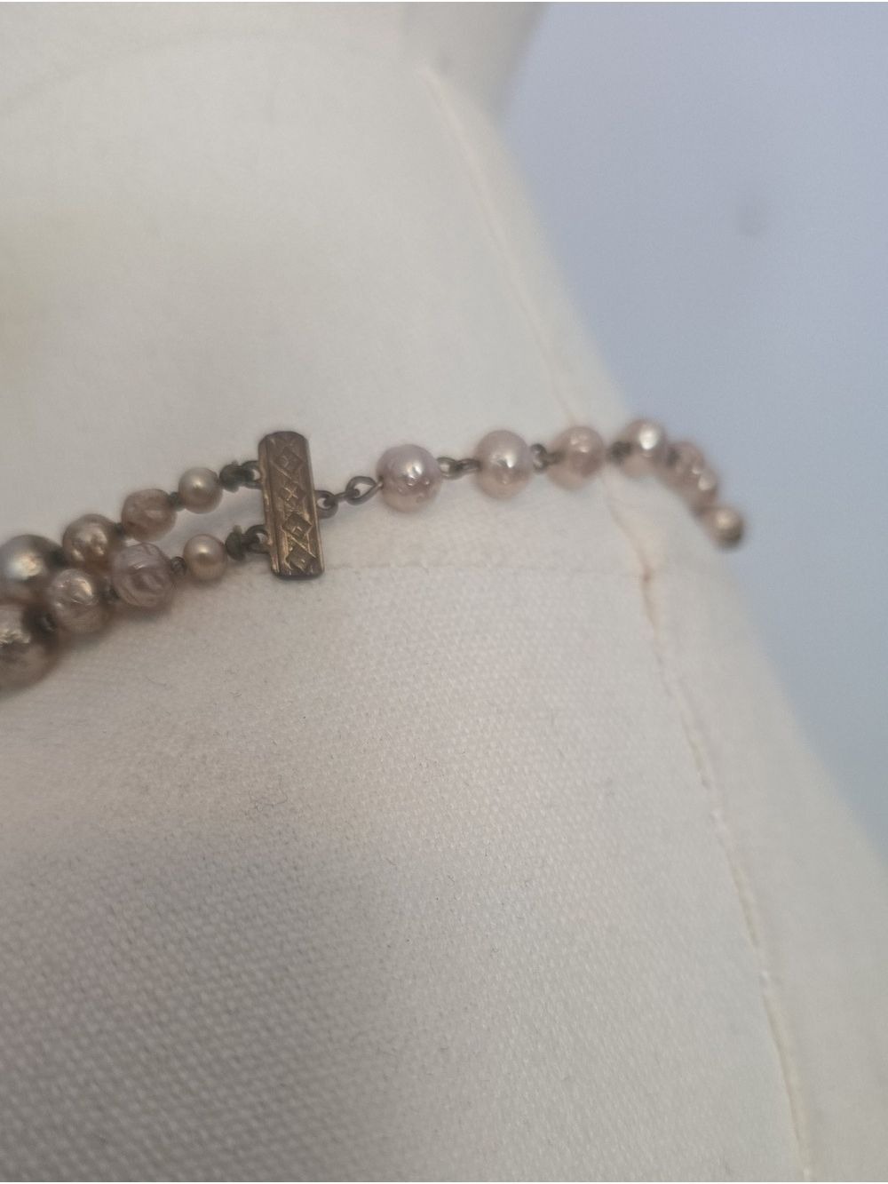Vintage Two Strand Pearl Rhinestone Beaded Choker Necklace - Picture 5 of 12
